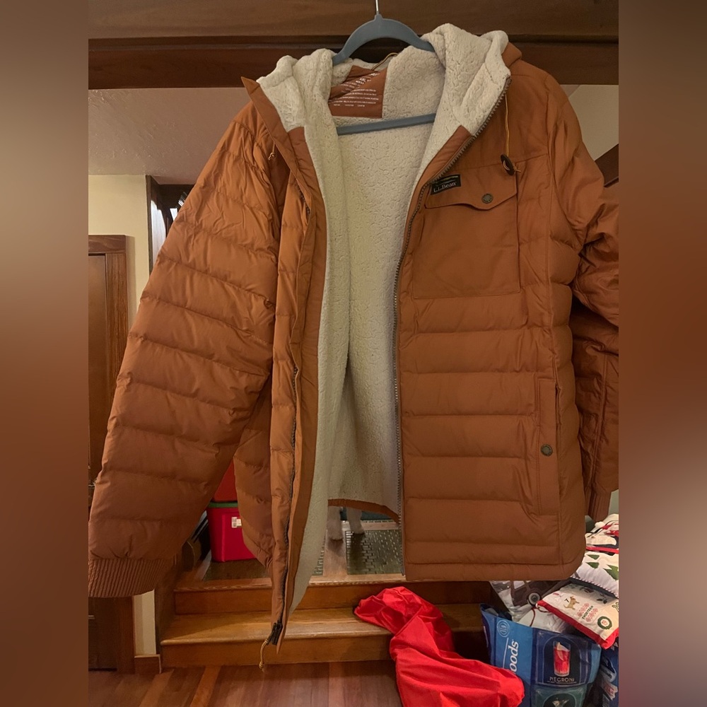 LL Bean Men's Brown Mountain Classic Down Puffer Jacket, Sherpa Lined- XXL